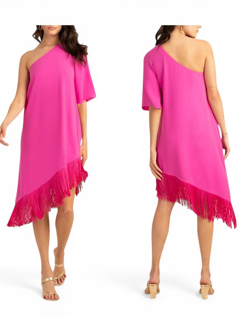 Trina Turk Bright Pink Gull Asymmetric One Shoulder Fringed Hem Dress NWT New M